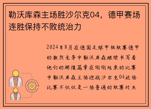 勒沃库森主场胜沙尔克04，德甲赛场连胜保持不败统治力