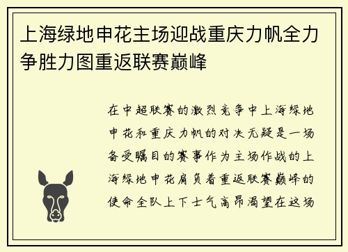 上海绿地申花主场迎战重庆力帆全力争胜力图重返联赛巅峰