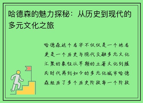 哈德森的魅力探秘：从历史到现代的多元文化之旅